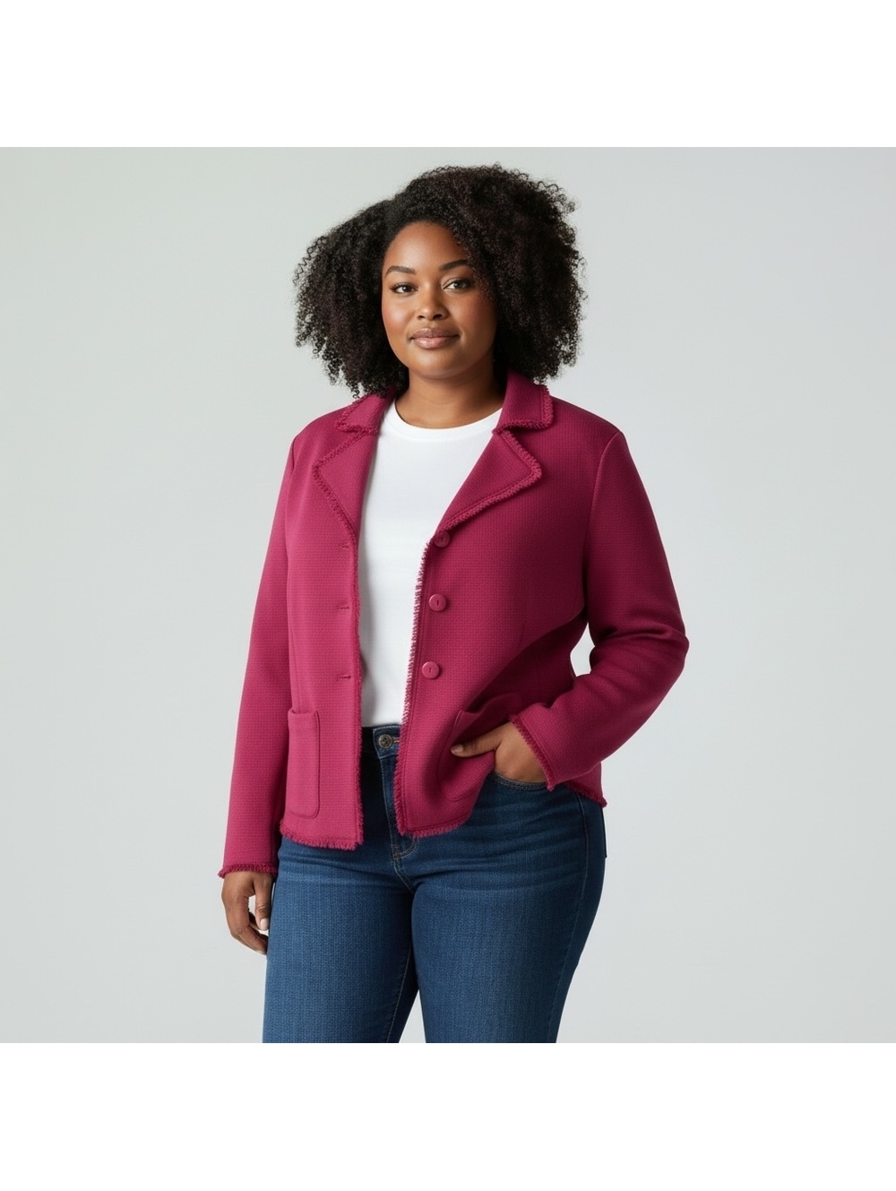 Talbots 100% Merino Wool Fringe Trim Blazer Jacket XL Raspberry Preppy Old Money